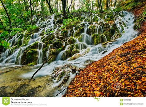 Majestic View Of A Deep Forest Waterfall On A Sunny Autumnal Day In
