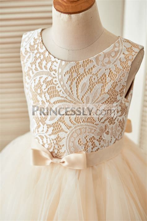 Ivory Lace Champagne Tulle Flower Girl Dress With Uneven