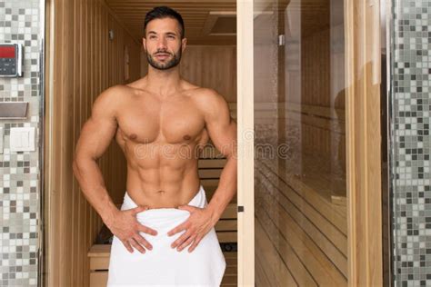 Portrait Of A Muscular Man Relaxing In Sauna Stock Photo Image Of