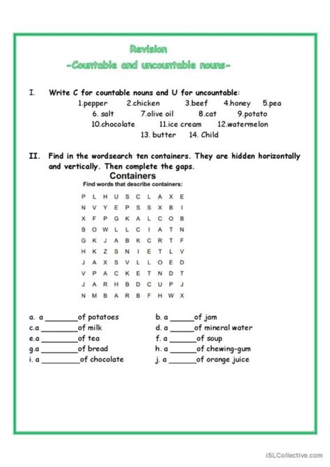 Countable And Uncountable Nouns English Esl Worksheets P