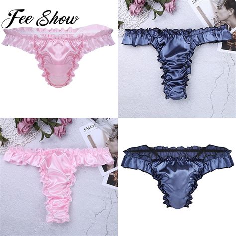 Adult Men Underwear Sexy Sissy Male Soft Shiny Lingerie Ruffled Frilly