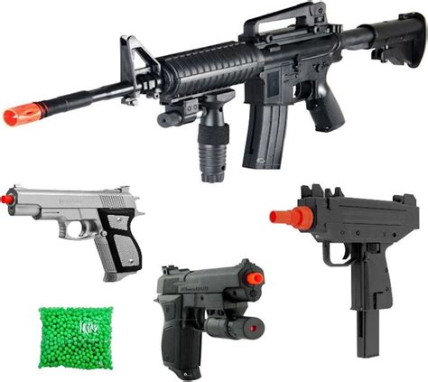 Lot Of 4 Airsoft Combo Spring Guns M16 Rifle Shotgun Handgun Pistol W