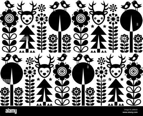 Scandinavian Folk Art Pattern With Flowers And Animals Finnish