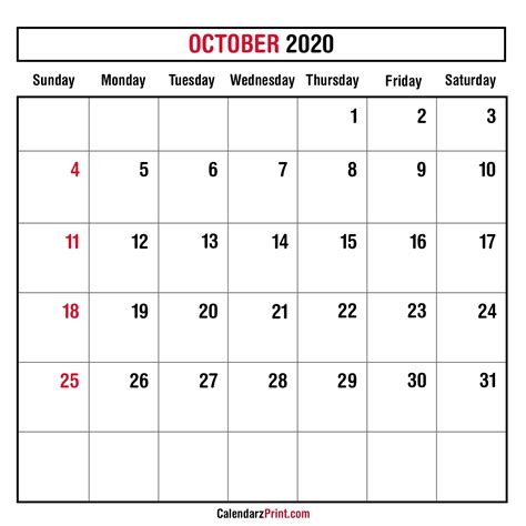 October 2020 Monthly Planner Calendar Printable Free Sunday Start