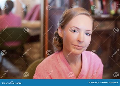 Blond Woman With Smooth Hair Wearing A Pink Fluffy Bathrobe Stock Photo Image Of Night