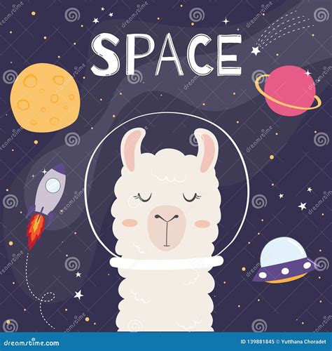 Cute Llama In Space Stock Vector Illustration Of Drawn 139881845