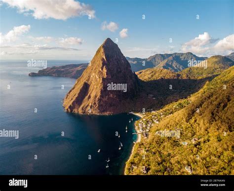 Saint Lucia Caribbean Island Huge Piton Mountains At The Beach Of