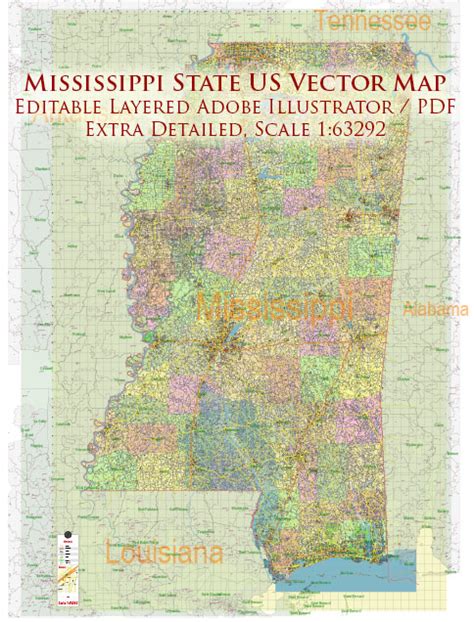 Mississippi Full State Us Vector Map Full Extra High Detailed All