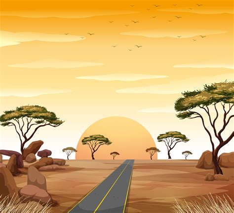 Savanna Scene With Road And Sunset 373672 Vector Art At Vecteezy