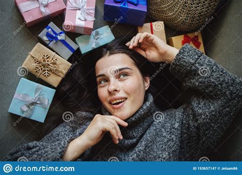 Cute Young Woman With Many Present Boxes Stock Image Image Of Festive Greeting 193657147
