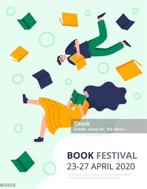 Poster Festival Buku Beberapa Pria Dan Wanita Terbang Di Ruang Buku Dan Membaca Ilustrasi Stok