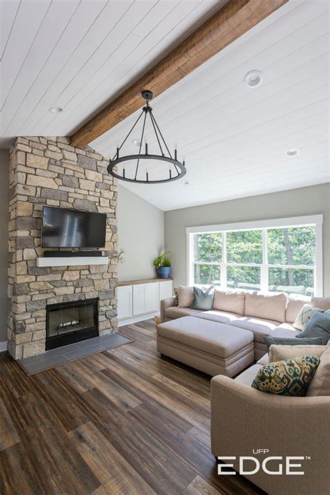 Smooth White Shiplap Ceiling Ufp Edge Vaulted Ceiling Living Room