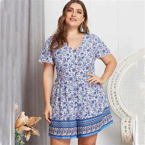 New Summer Plus Size Playsuits Cotton Floral Printed Lace Women Playsuit Large Size Jumpsuits