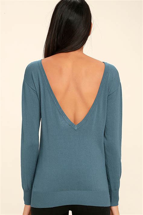 Stylish Slate Blue Sweater Backless Sweater Lightweight Sweater