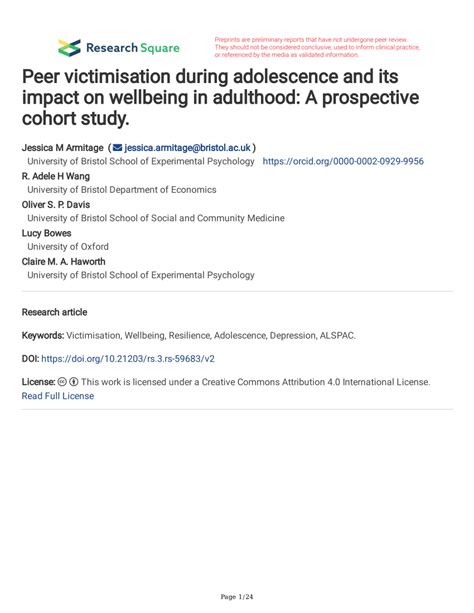 Pdf Peer Victimisation During Adolescence And Its Impact On Wellbeing In Adulthood A