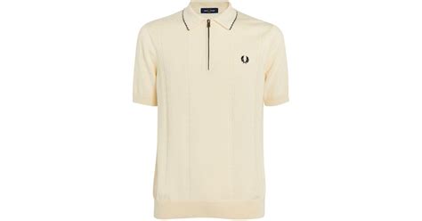 Fred Perry Cotton Cable Knit Zip Up Polo Shirt In Beige Natural For