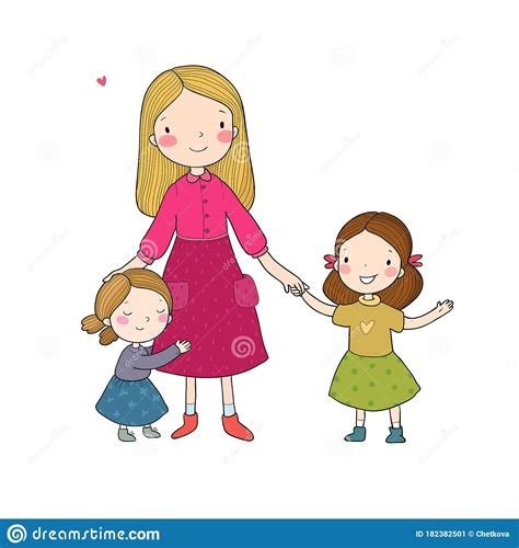 Young Mother And Two Daughters Cute Cartoon Sisters