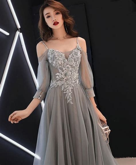 gray sweetheart a line tulle lace long prom dress gray evening dress grey evening dresses