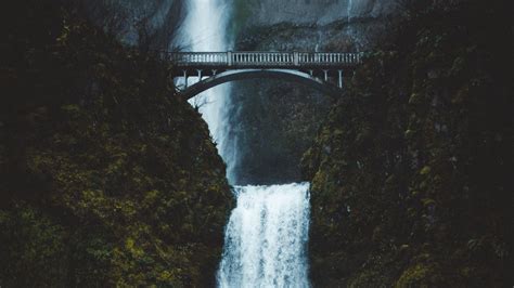 Download Wallpaper 2048x1152 Waterfall Bridge Rock Water Ultrawide