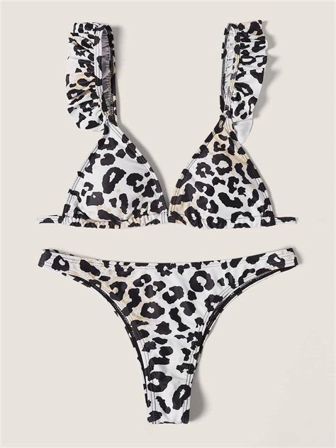 Leopard Swimsuit Ruffle Strap Triangle Cami Top With Bikini Bottom Bikinis Bikini Set