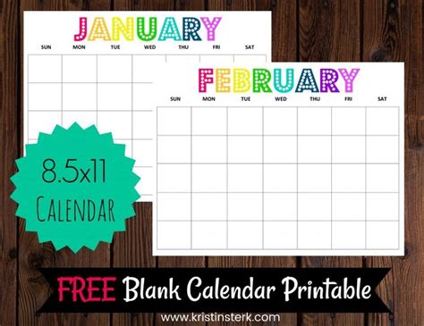 Free 12 Month Blank Calendar Printables Kristin Sterk Blank