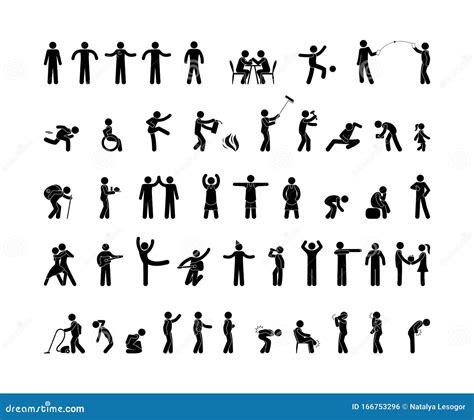 People Pictogram In Various Poses Stick Figure Man Isolated Silhouette Human Symbol Vector