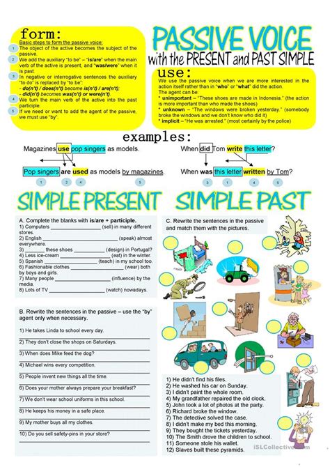 We use present simple passive with the same meaning as present simple in the active voice except for the fact that present simple passive makes focus on the effect. PASSIVE VOICE WITH SIMPLE PRESENT AND PAST worksheet ...