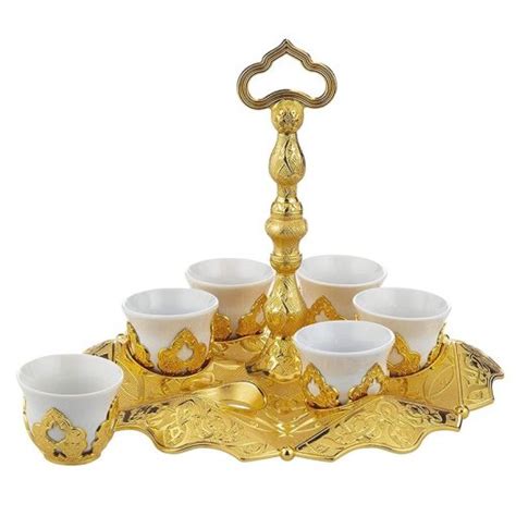 6 Pieces Mirra Set With Tray Gold Silver Arabic Turkish Greek Coffee