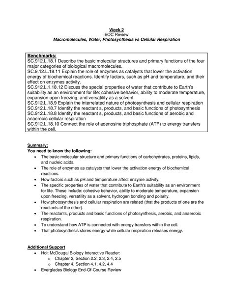 Biology EOCReview Questions Unit 1 - Week 2 EOC Review Macromolecules