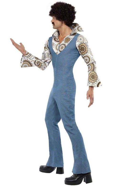 Faux Blue Denim Disco Costume Mens 1970s Groovy Dancer Jumpsuit