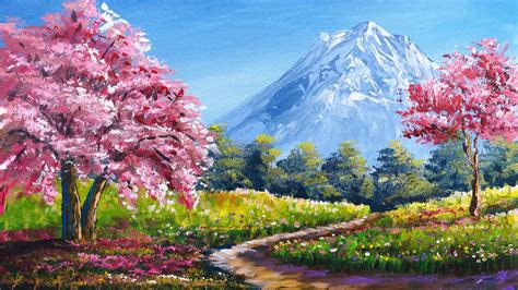 Pink Flowering Tree In Spring Acrylic Landscape Painting In Time