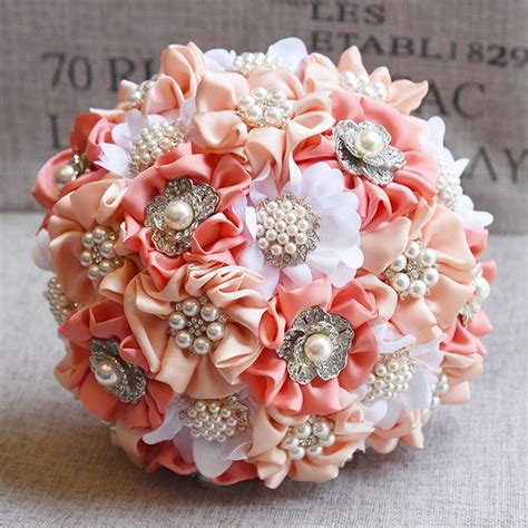 Coral Ivory Peach Roses Brooch Bouquet Bcust Sadie Bouquets By Nicole