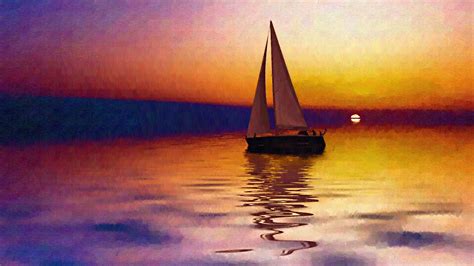 Boat Ocean Sailing Sunset Reflection Clouds Sky Sea