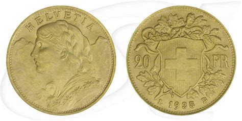 Der schweizer franken stellt ein ganz besonderes zahlungsmittel dar. Schweiz 20 Franken Gold 5,81g fein Vreneli 1935 vz-st