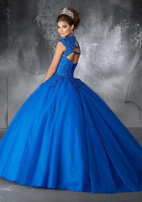 Beaded Lace Appliqués On A Tulle Ballgown With Keyhole Neckline Turquoise Quinceanera Dresses