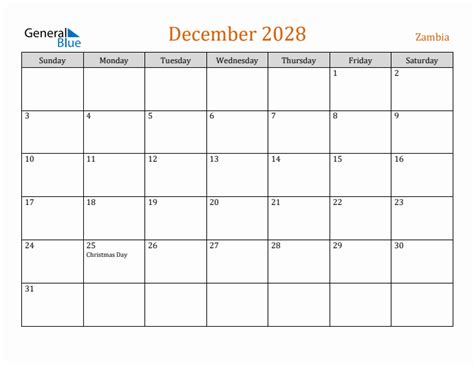 Free December 2028 Zambia Calendar