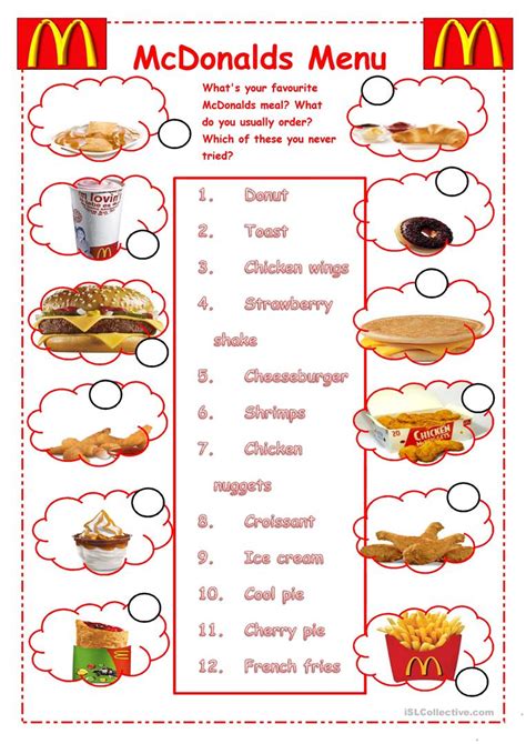 Algebra, geometry, trigonometry, arithmetic including real world applications, exploratory activites and much more. McDonalds meal worksheet - Free ESL printable worksheets ...