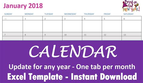Calendar Excel Easily Updated For Any Year Etsy