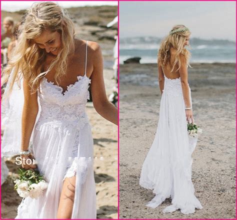 Stunning Vintage Boho White Beach Low Back Wedding Dresses Gowns