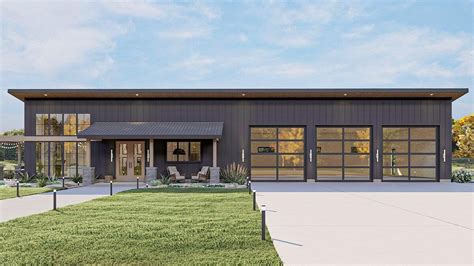 2 Bed Barndominium Style House Plan With Covered Patio And 3 Car Garage