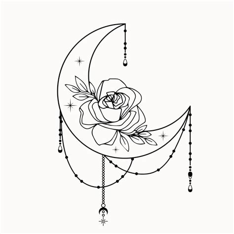 Line Art Of Mystical Decorative Crescent Moon With Stars And Rose