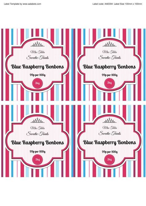 4 designs, chalkboard, pastel colours, bright. Raspberry Bonbons Sweet Jar Labels Template Image | Label ...