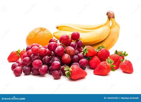 Fruits Bananas Grapes Strawberries And Oranges Isolate On White