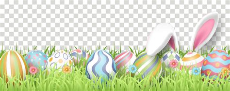 Happy Easter Background With Realistic Painted Eggs Grass Flowers And