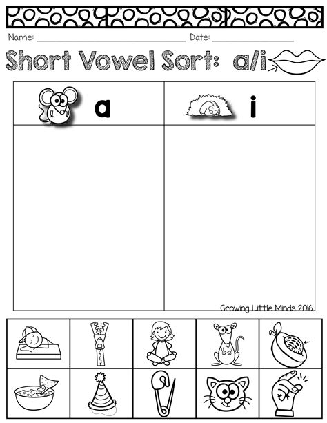Word Work Printable Short Vowel Picture Sorts Middle Sounds Middle