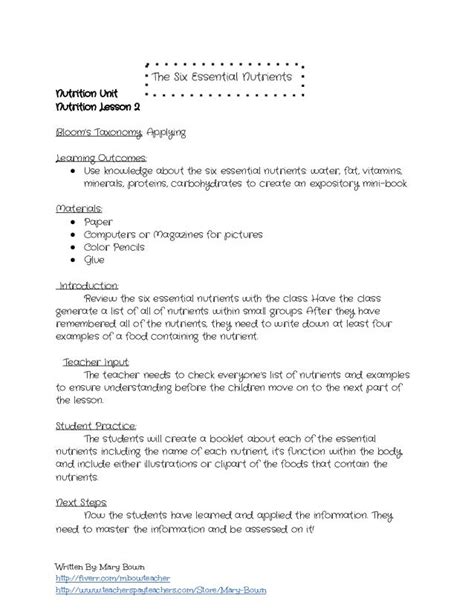 The Six Essential Nutrients Lesson Plan And Worksheet