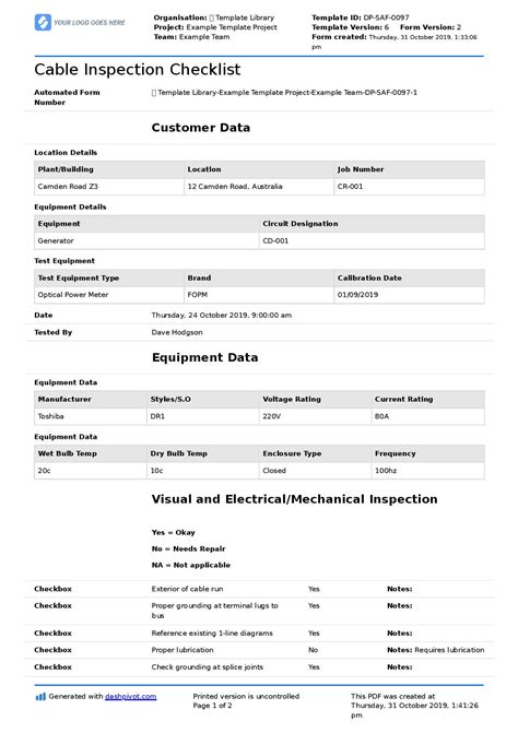 Cable Inspection Checklist Power Electrical Cable Trays