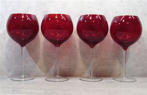 Set Of 4 Over Sized Balloon Wine Glasses Red With Clear Stems Hand Blown Glass With Lead