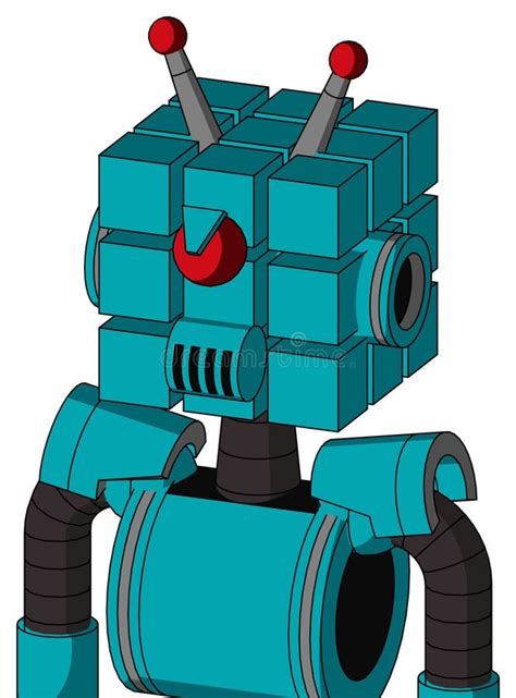 Blue Robot With Cube Head And Speakers Mouth And Angry Cyclops And