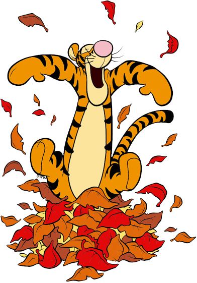 A Cartoon Tiger Sitting On Top Of A Pile Of Leaves And Throwing It S